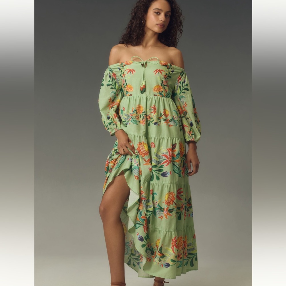 NWT Farm Rio X Anthropologie Green Off Shoulder Tiered Floral Midi Maxi Dress XS
